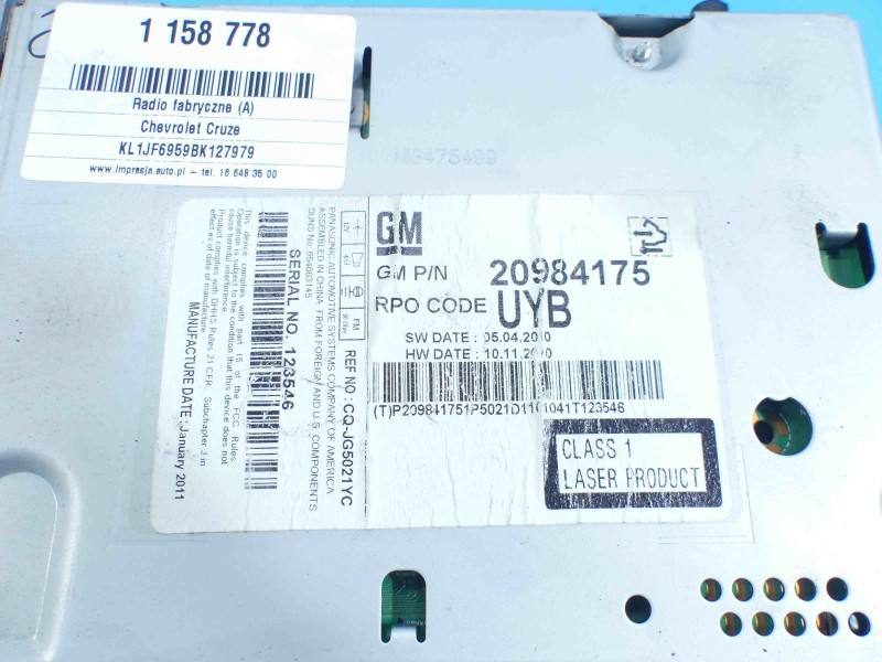 Штатная магнитола радио Chevrolet Cruze 20984175 — фото детали 8
