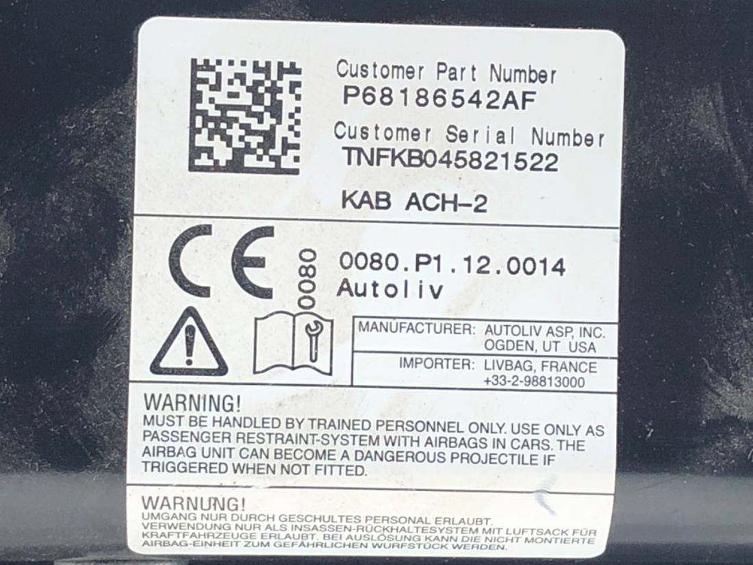 Подушка безпеки Airbag Chrysler Pacifica P68186542AF — фото деталі 3
